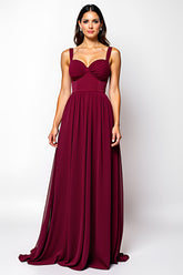 Burgundy Langes A-Linie Gerafftes Chiffon Hochzeitsgastkleid